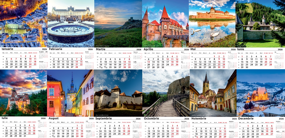 Calendar de perete 12 file, format 33x48 cm, cu imagini Vestigii medievale Romania
